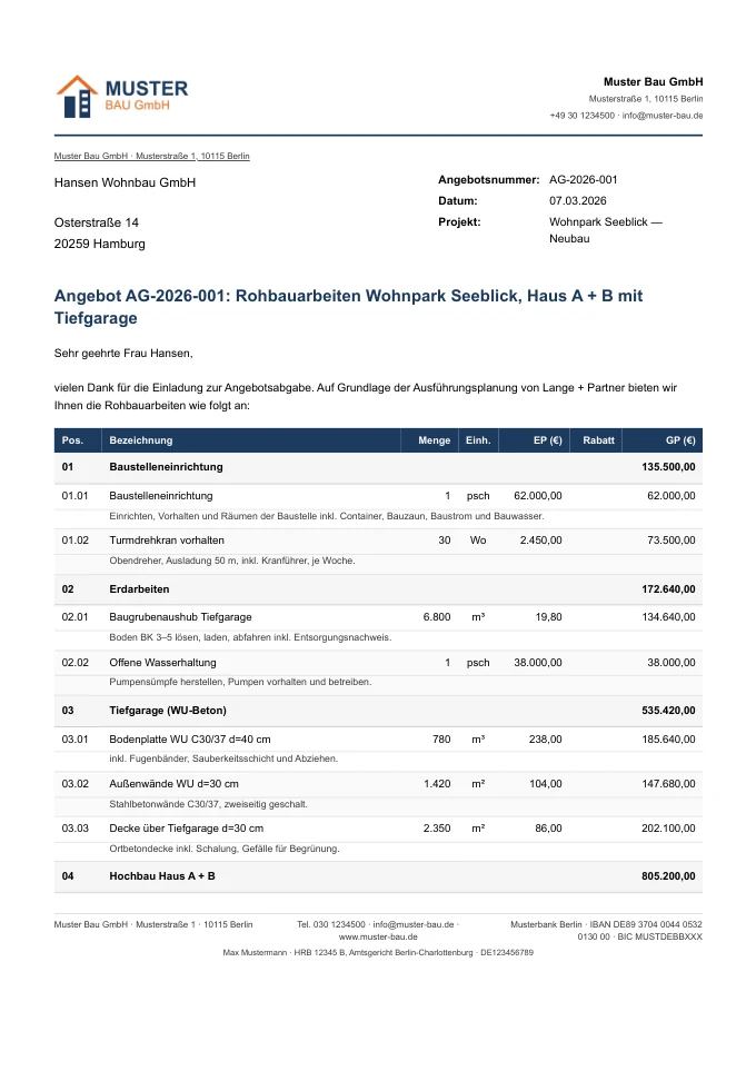 Seite 1 des Angebots AG-2026-001: Anschrift, Angebotsnummer, Betreff, Anschreiben und Positionstabelle mit Titeln, Langtexten und Summen