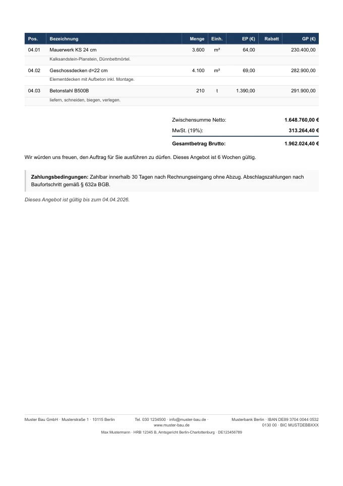 Seite 2 des Angebots: letzte Positionen, Zwischensumme netto, MwSt., Gesamtbetrag brutto, Schlusstext und Zahlungsbedingungen