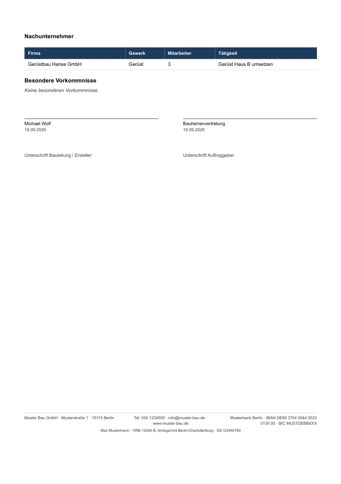 Seite 2 des Bautagesberichts: Nachunternehmer, besondere Vorkommnisse und Unterschriften von Bauleitung und Auftraggeber