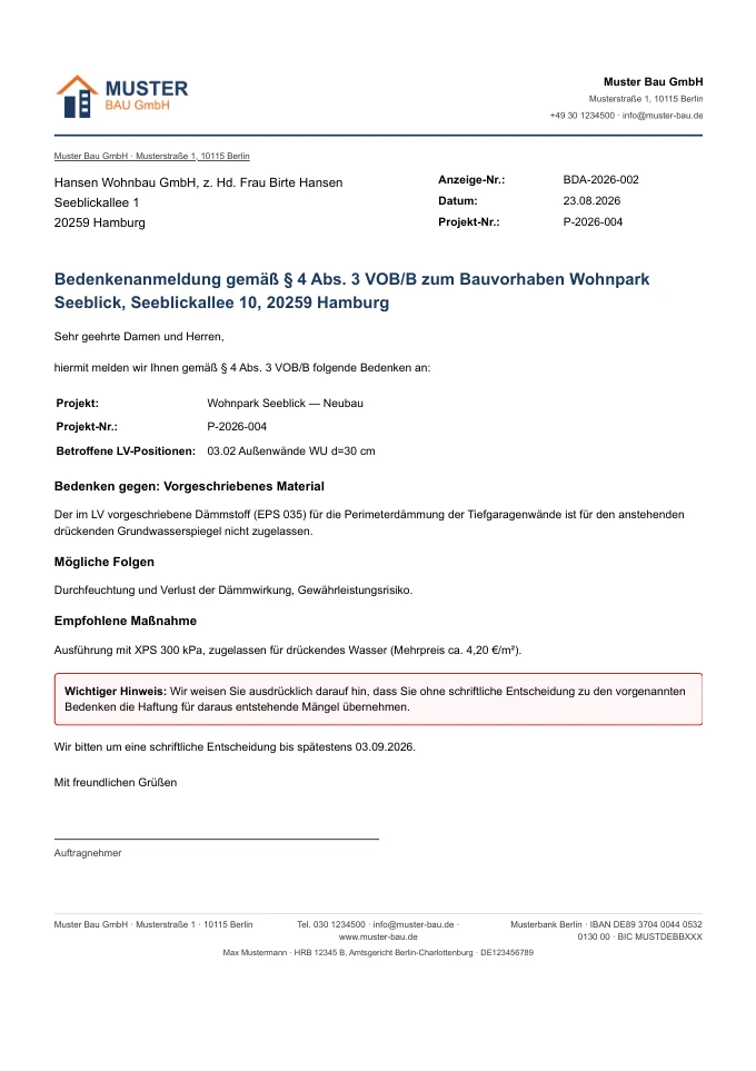 Bedenkenanmeldung BDA-2026-002 als PDF: Anschreiben gemäß § 4 Abs. 3 VOB/B mit Bedenken, möglichen Folgen, empfohlener Maßnahme, rot umrandetem Haftungshinweis und Antwortfrist