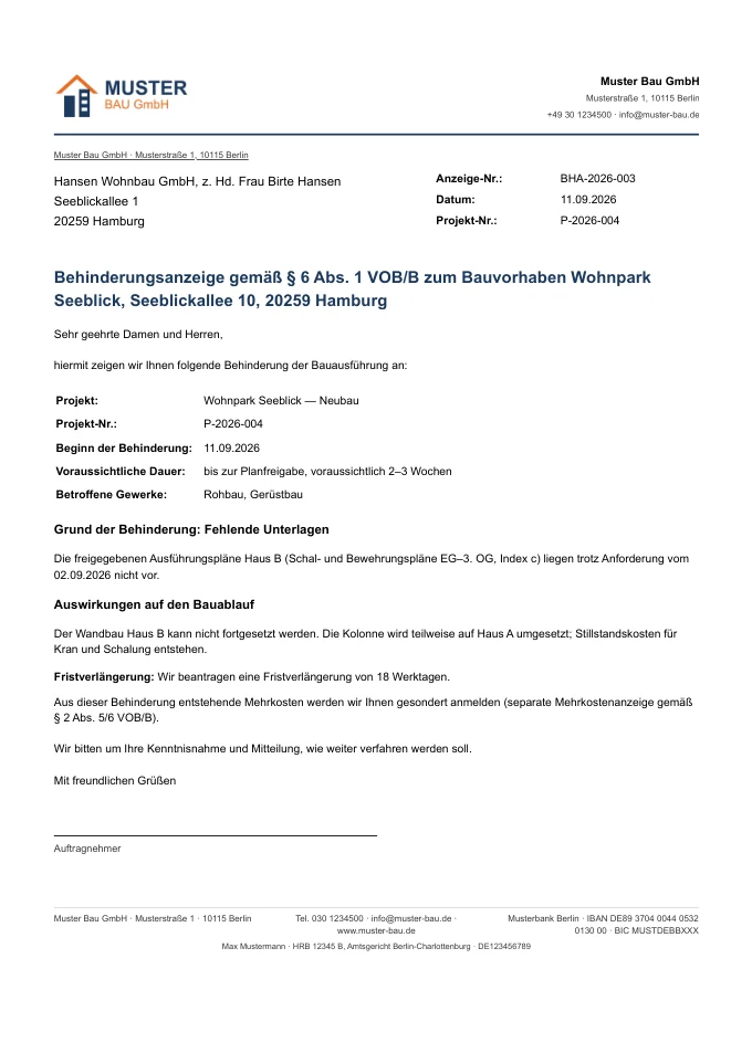 Behinderungsanzeige BHA-2026-003 als PDF: Anschreiben an den Auftraggeber im Briefpapier der Musterfirma, Betreff gemäß § 6 Abs. 1 VOB/B, Grund, Auswirkungen, beantragte Fristverlängerung und Hinweis auf Mehrkosten