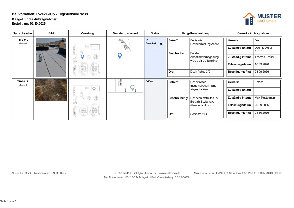 Mängelliste der Logistikhalle Voss als PDF im Querformat: je Mangel Foto, Planausschnitt mit Pin, vergrößerter Ausschnitt, Status, Beschreibung, Gewerk, Zuständige und Beseitigungsfrist