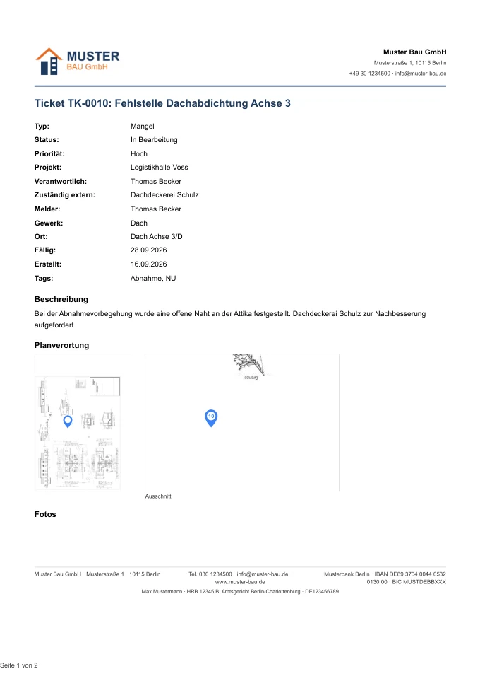 Seite 1 des PDFs zu Mangel TK-0010: Stammdaten mit Typ, Status, Priorität, Projekt, Verantwortlichen, Gewerk, Ort und Fristen, Beschreibung und Planverortung mit Ausschnitt