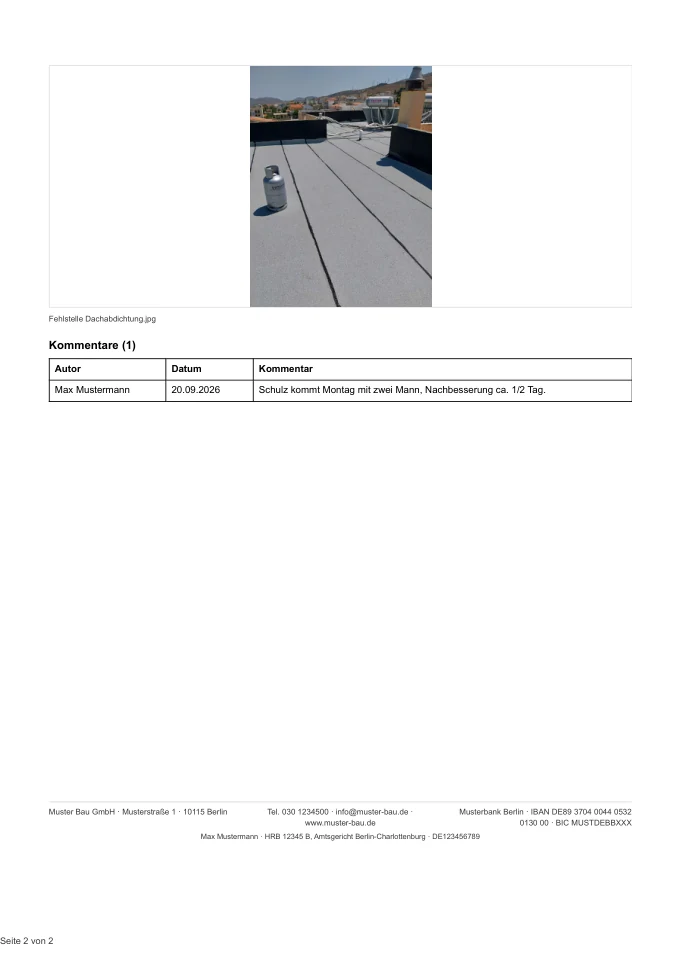 Seite 2 des PDFs zu Mangel TK-0010: Foto der Fehlstelle und Kommentar