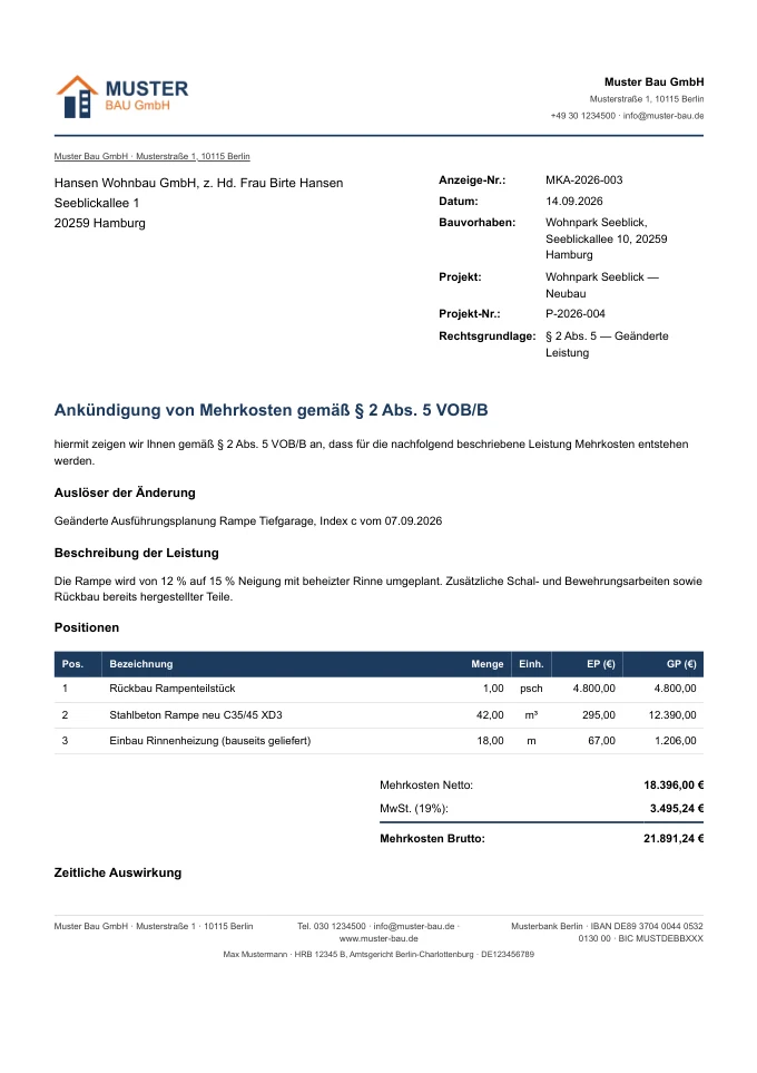 Seite 1 der Mehrkostenanzeige MKA-2026-003: Ankündigung gemäß § 2 Abs. 5 VOB/B mit Auslöser, Beschreibung, Positionstabelle und Summen netto, MwSt. und brutto