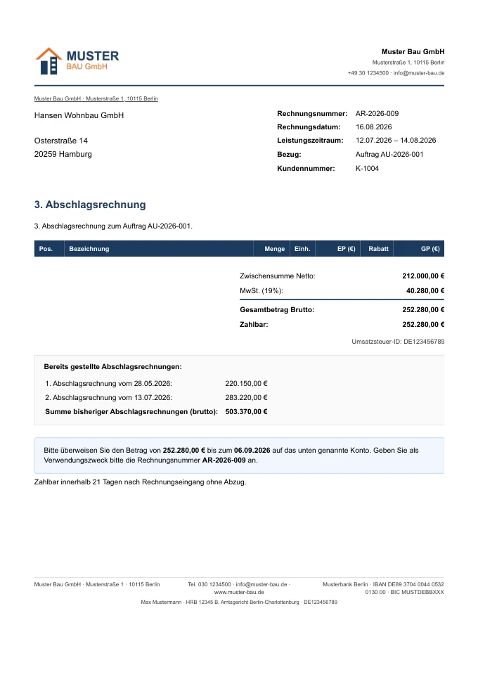 Abschlagsrechnung AR-2026-009 als PDF: Anschrift, Rechnungsnummer, Leistungszeitraum, Bezug auf den Auftrag, Summen netto und brutto, Liste der bereits gestellten Abschlagsrechnungen und Zahlungsaufforderung