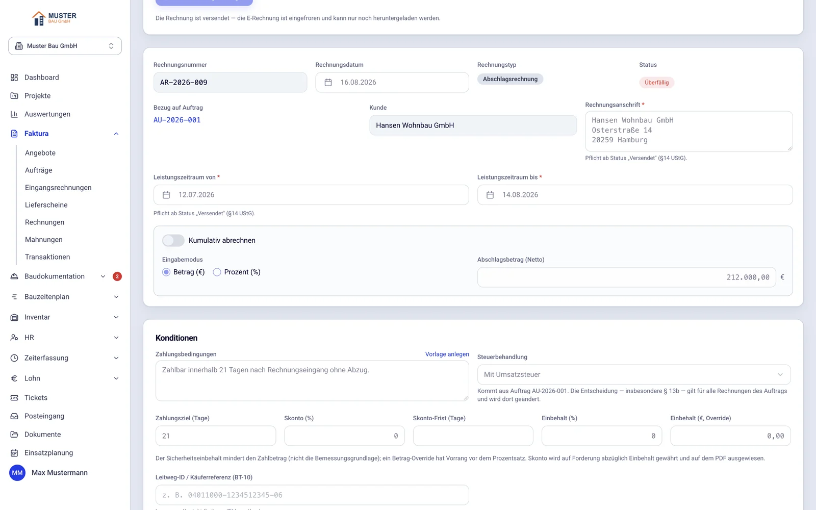 Abschlagsrechnung AR-2026-009 in dive: Rechnungsnummer, Datum, Rechnungstyp, Bezug auf Auftrag, Kunde, Anschrift, Leistungszeitraum, Abschlagsbetrag und Zahlungskonditionen