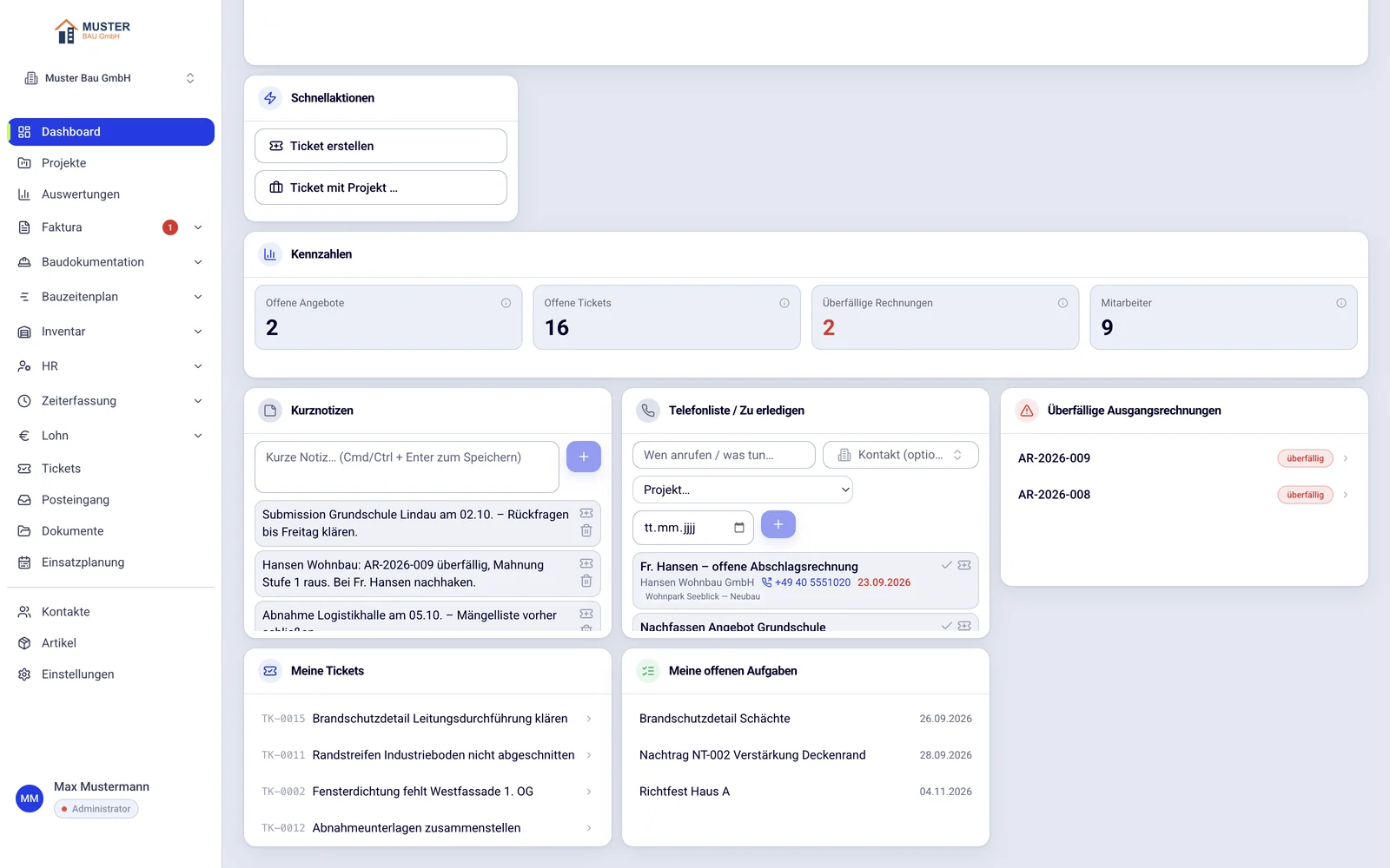 Persönliche Startseite in dive mit Widgets: Kennzahlen, Kurznotizen, Telefonliste, überfällige Ausgangsrechnungen, Meine Tickets und offene Aufgaben