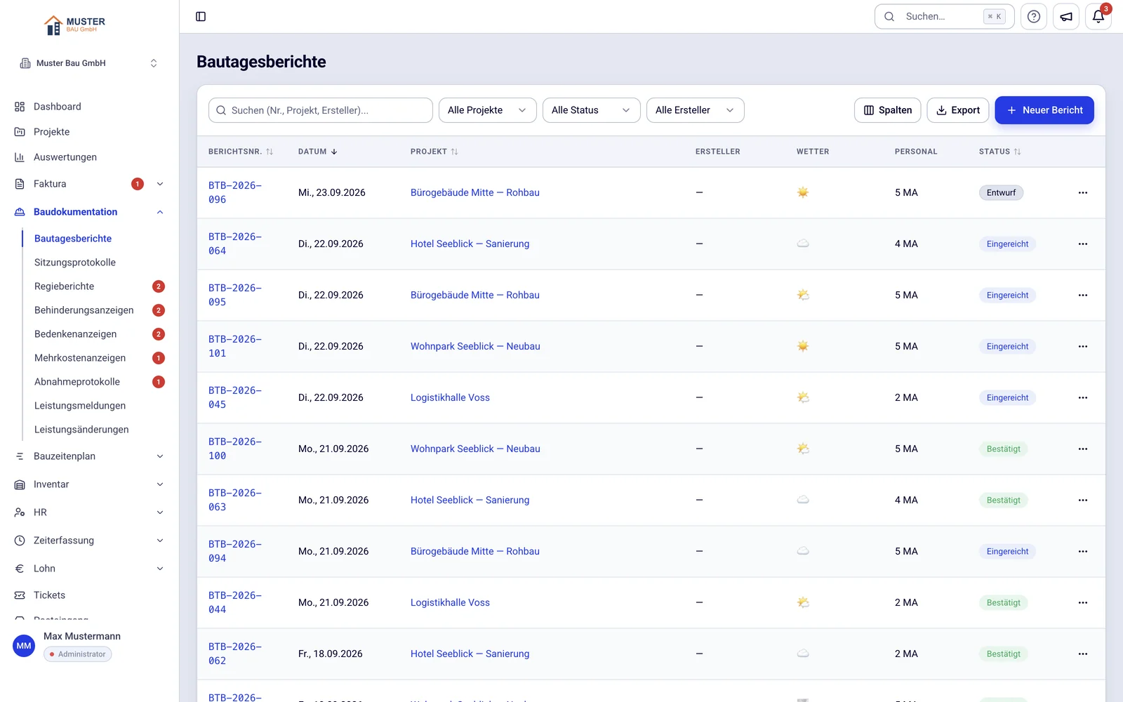 Liste der Bautagesberichte in dive mit Datum, Projekt, Wetter, Personal und Status