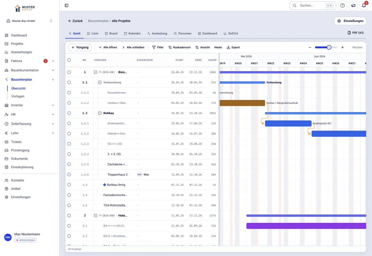 Bauzeitenplan aller Bauvorhaben in dive als Gantt-Ansicht mit Vorgängen, Dauer und Balken