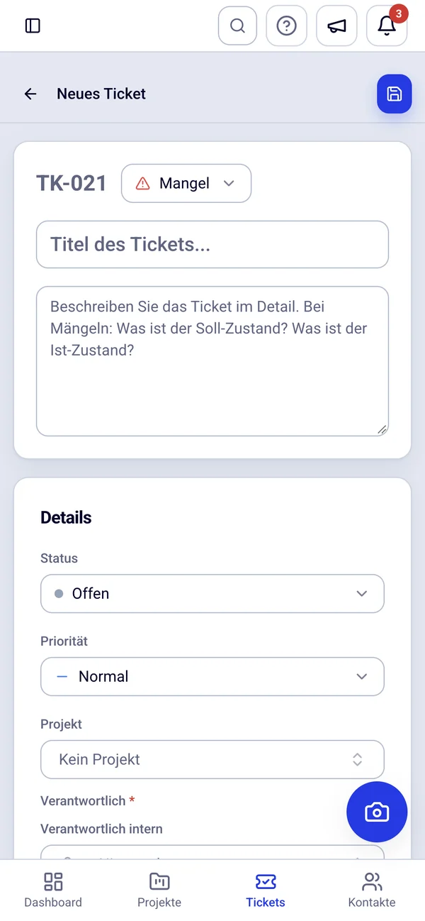 Neues Ticket vom Typ Mangel in der dive-Web-App am Handy mit Beschreibung, Status, Priorität und Kamera-Knopf