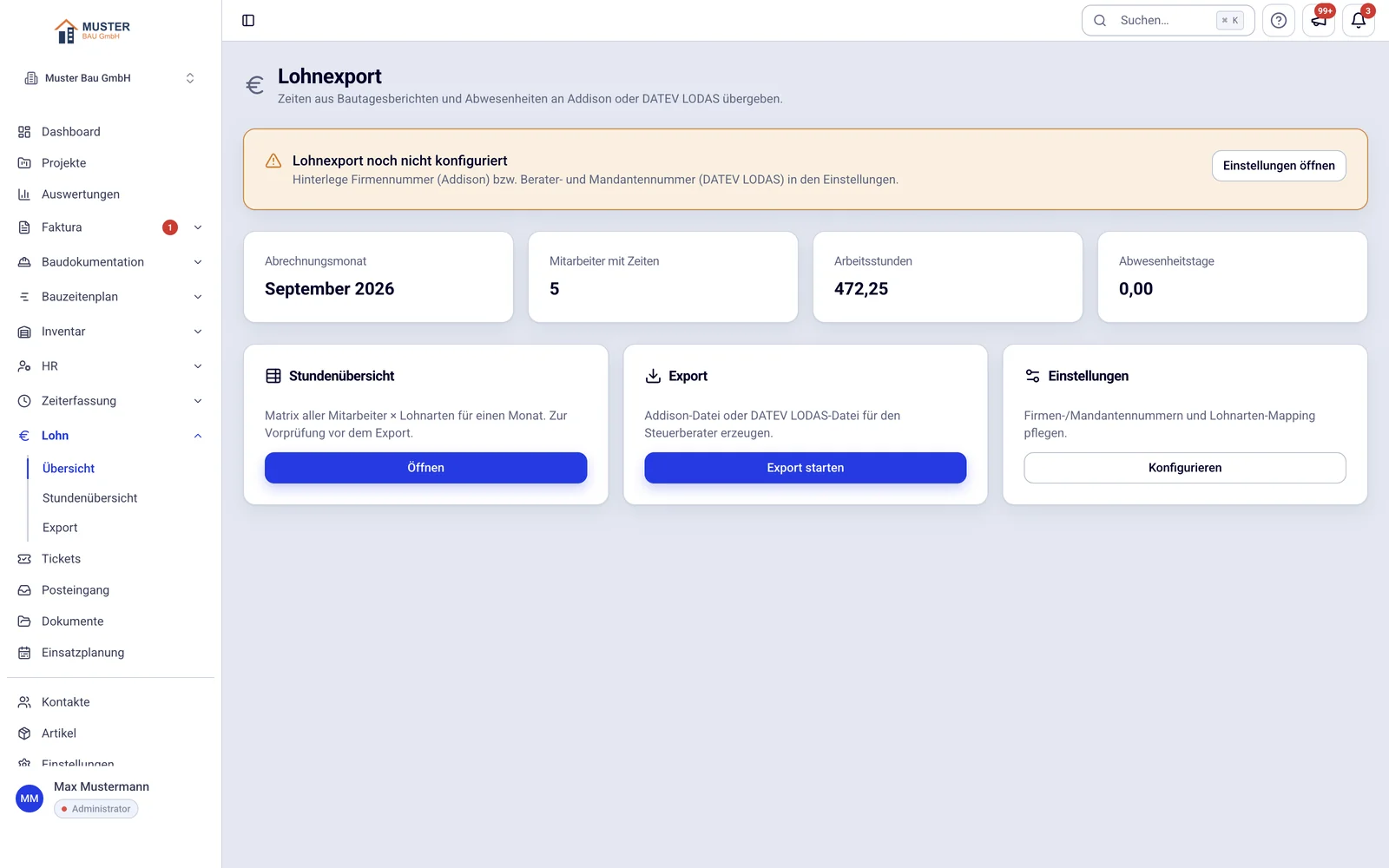 Lohnexport in dive: Abrechnungsmonat, Mitarbeiter mit Zeiten, Arbeitsstunden und die Schritte Stundenübersicht, Export und Einstellungen; links das Lohn-Menü