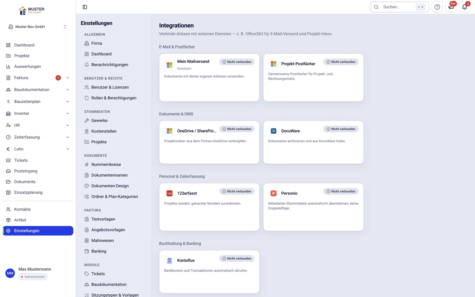 Integrationen in dive: Microsoft 365, OneDrive/SharePoint, DocuWare, 123erfasst, Personio und Kontoflux