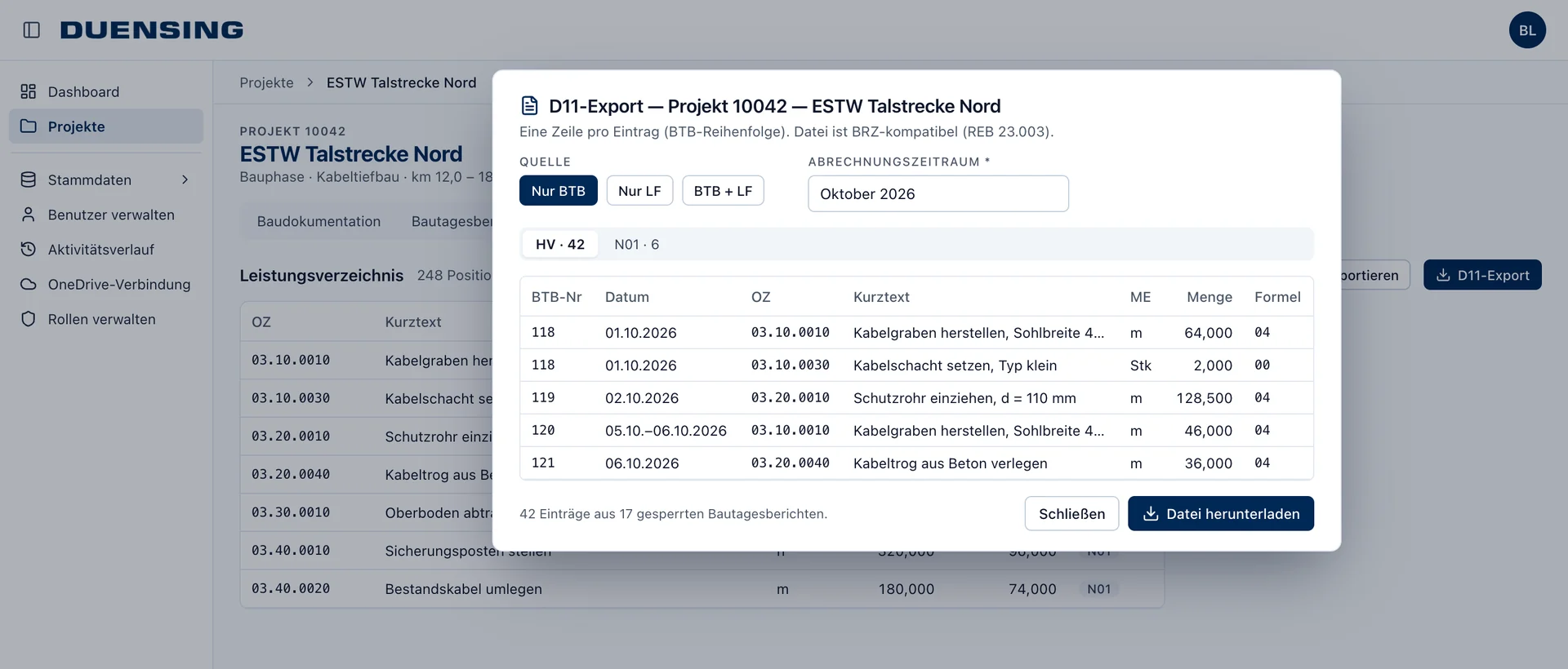Duensing-App: D11-Export eines Beispielprojekts mit den Mengen aus gesperrten Bautagesberichten, je Eintrag mit Ordnungszahl, Menge und Formel