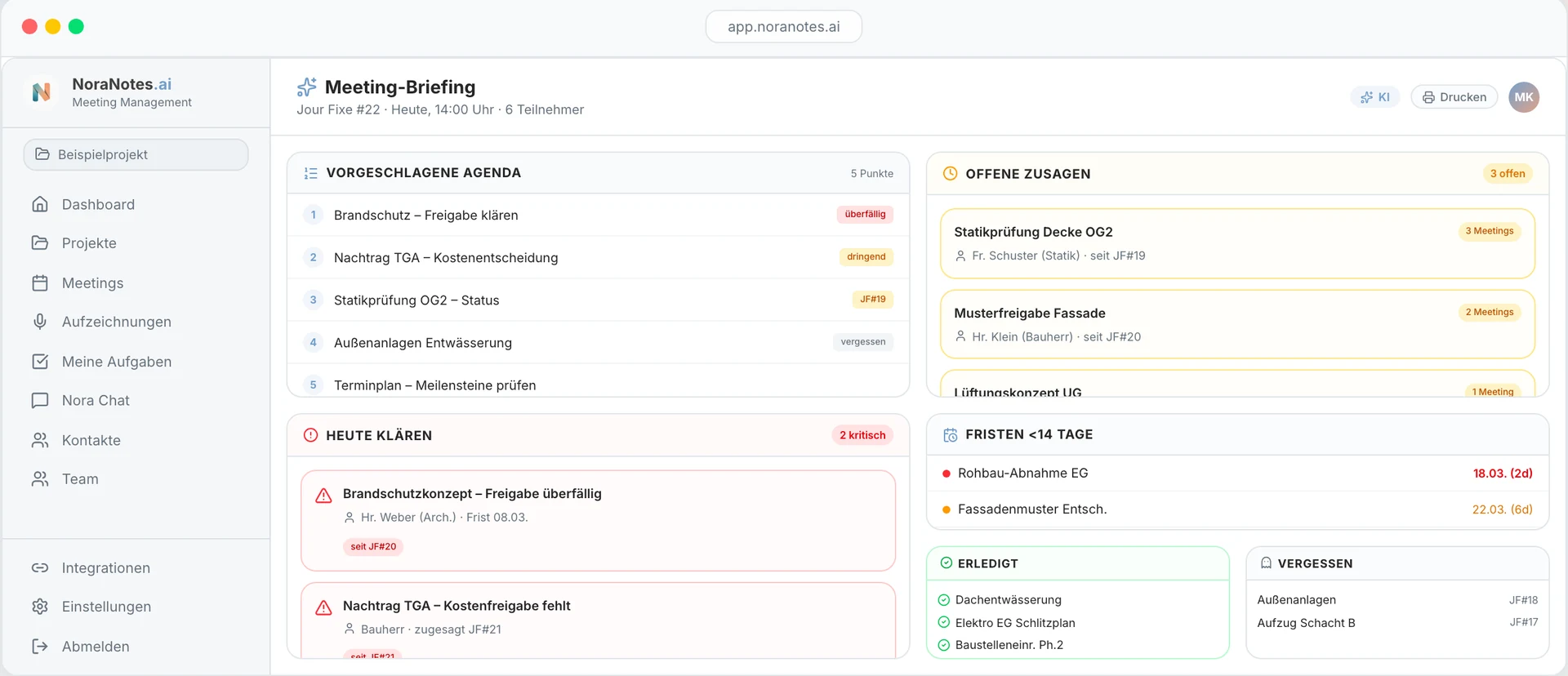 NoraNotes.ai: Vorbereitung auf den nächsten Jour fixe mit vorgeschlagener Agenda, offenen Zusagen, kritischen Punkten und Fristen der nächsten 14 Tage