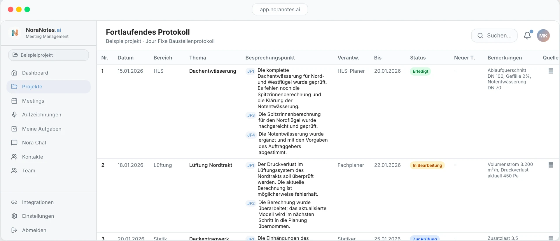 NoraNotes.ai: fortlaufendes Protokoll eines Beispielprojekts mit Besprechungspunkten je Jour fixe, Verantwortlichen, Fristen und Status
